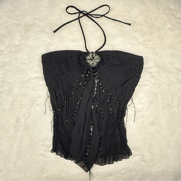 Kaelyn-Max Tops - Kaelyn-Max Black Beaded Halter Top, Chiffon Layered Top, Size Medium